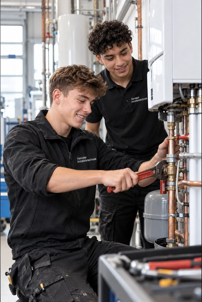 Twee monteurs in zwarte bedrijfskleding met het logo van Kerndael Installatietechniek werken samen aan het leidingwerk van een cv-installatie
